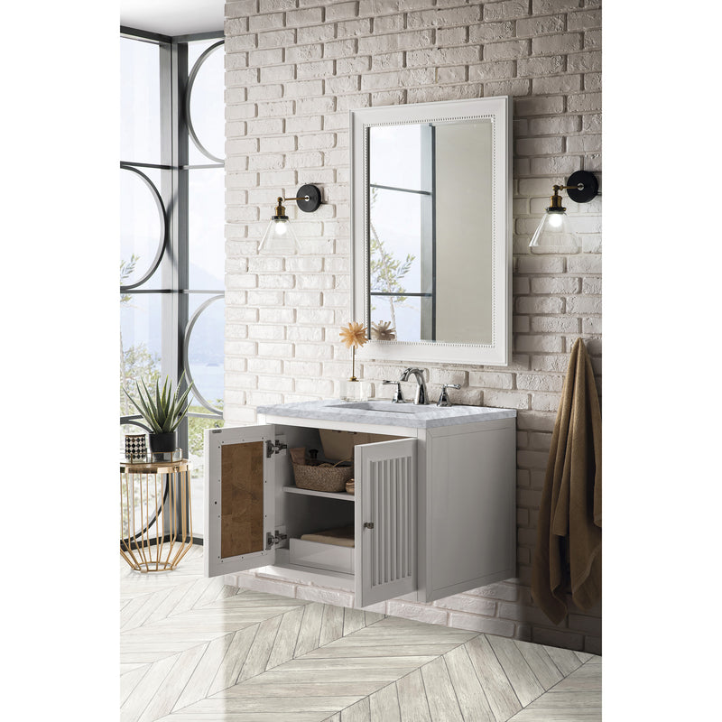 James Martin Athens 30" Single Vanity Cabinet Glossy White with 3 cm Carrara White Top E645-V30-GW-3CAR