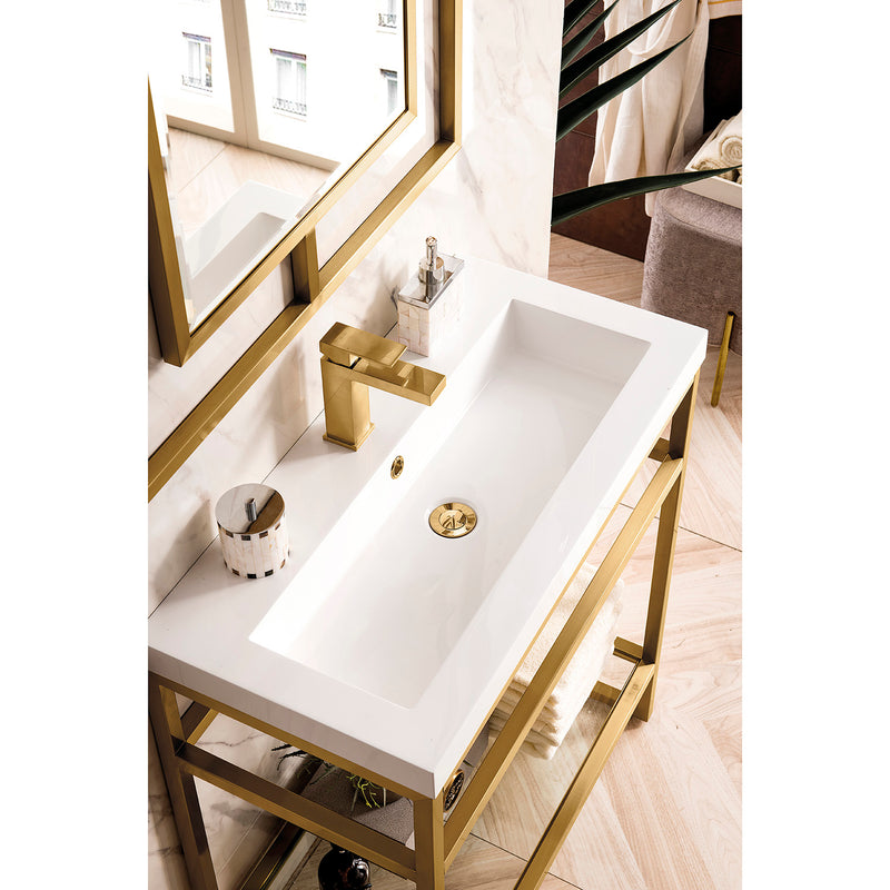 James Martin Boston 31.5" Stainless Steel Sink Console Radiant Gold with White Glossy Composite Countertop C105V31.5RGDWG