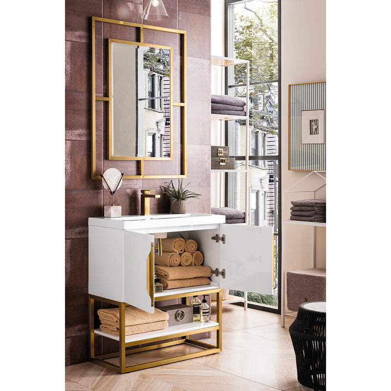 James Martin Columbia 31.5" Single Vanity Cabinet Glossy White Radiant Gold with White Glossy Composite Countertop 388V31.5GWRGDWG