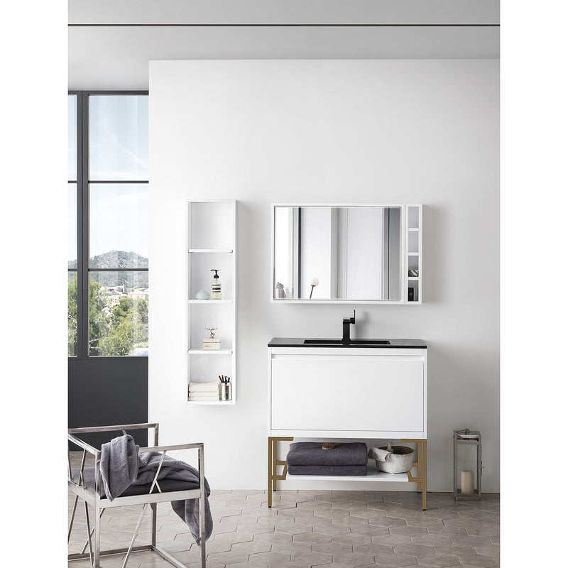 James Martin Milan 35.4" Single Vanity Cabinet Glossy White Radiant Gold with Charcoal Black Composite Top 801V35.4GWRGDCHB