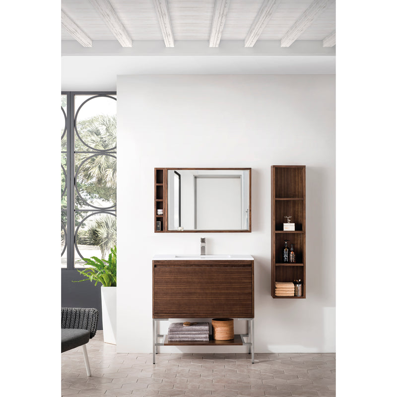 James Martin Milan 35.4" Single Vanity Cabinet Mid Century Walnut Brushed Nickel with Glossy White Composite Top 801V35.4WLTBNKGW