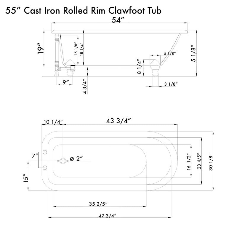 Cambridge Plumbing Cast Iron Rolled Rim Clawfoot Tub 55" x 30" 7" Drillings Rub BRZ Feet