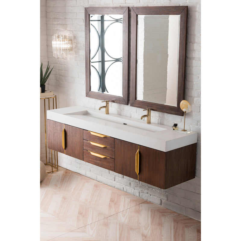 James Martin Mercer Island 72" Double Vanity Coffee Oak Radiant Gold with Glossy White Composite Top 389-V72D-CFO-G-GW