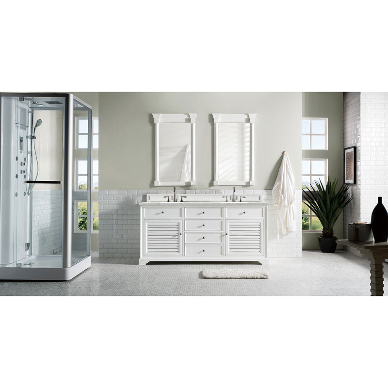 James Martin Savannah 72" Double Vanity Cabinet Bright White with 3 cm Eternal Jasmine Pearl Quartz Top 238-104-V72-BW-3EJP