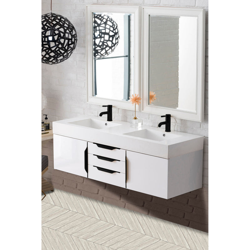 James Martin Mercer Island 59" Double Vanity Glossy White Matte Black with Glossy White Composite Top 389-V59D-GW-MB-GW