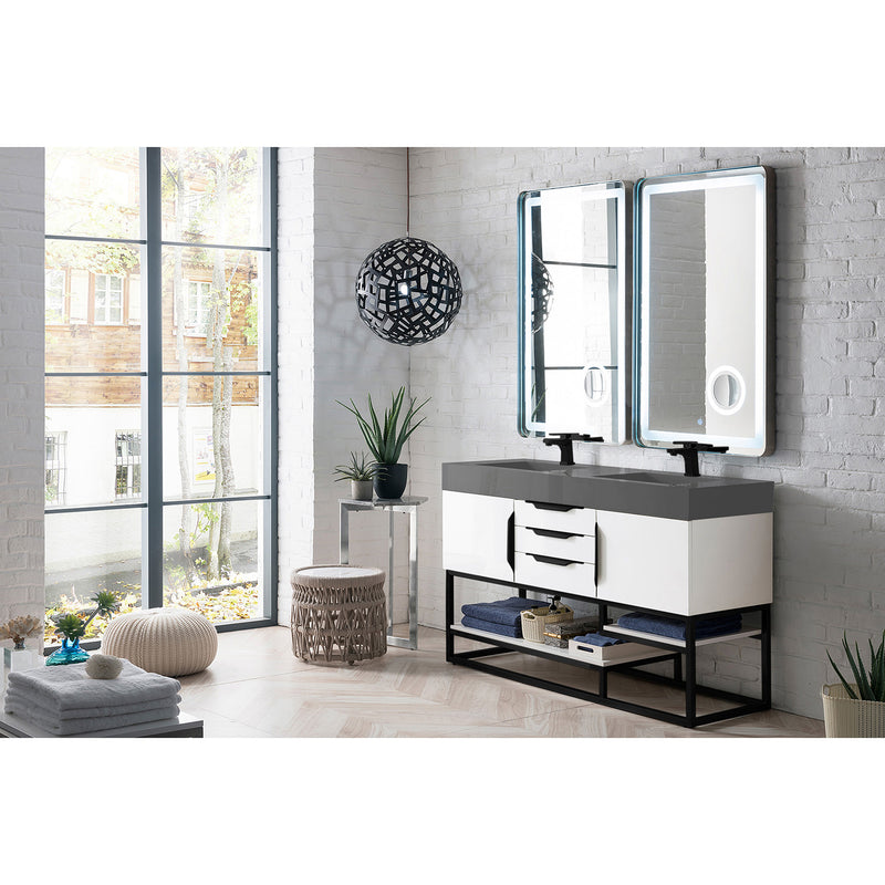 James Martin Columbia 59" Double Vanity Glossy White Matte Black with Dusk Gray Glossy Composite Top 388-V59D-GW-MB-DGG