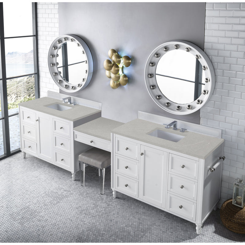 James Martin Copper Cove Encore 122" Double Vanity Set Bright White with Makeup Table 3 cm Eternal Serena Quartz Top 301-V122-BW-DU-3ESR