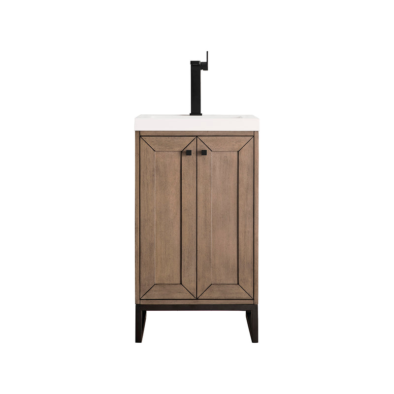 James Martin Chianti 20" Single Vanity Cabinet Whitewashed Walnut Matte Black with White Glossy Composite Countertop E303V20WWMBKWG