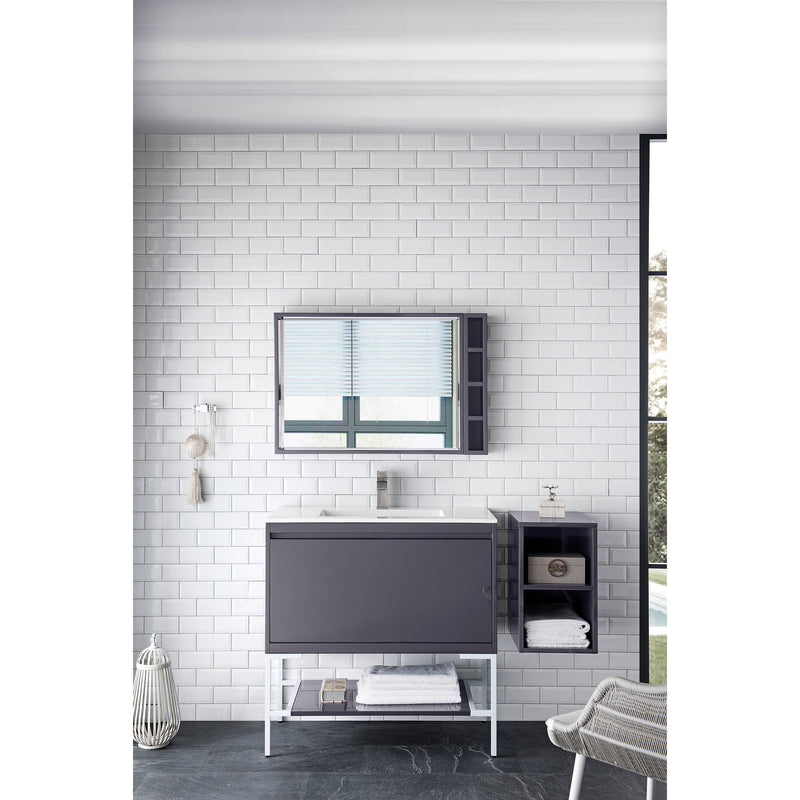 James Martin Milan 35.4" Single Vanity Cabinet Modern Gray Glossy Glossy White with Glossy White Composite Top 801V35.4MGGGWGW