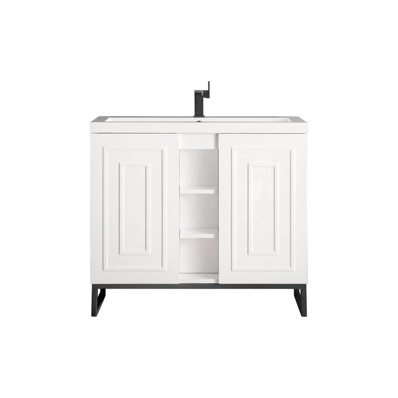 James Martin Alicante' 39.5" Single Vanity Cabinet Glossy White Matte Black with White Glossy Resin Countertop E110-V39.5-GW-MBK-WG