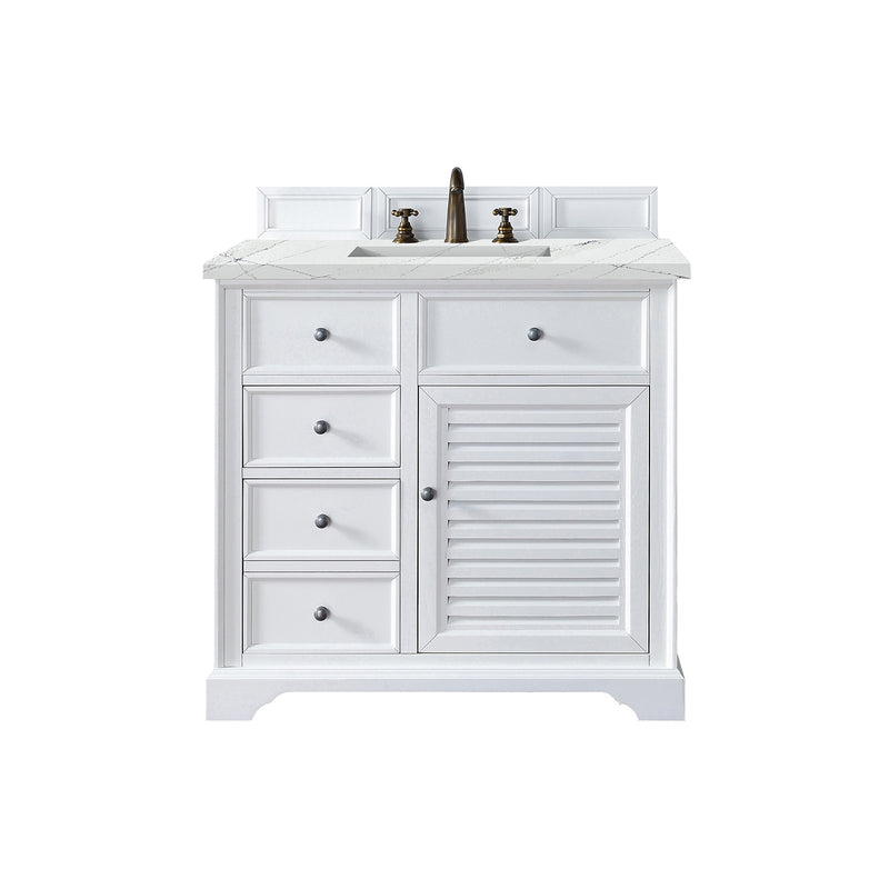 James Martin Savannah 36" Single Vanity Cabinet Bright White with 3 cm Ethereal Noctis Quartz Top 238-104-V36-BW-3ENC