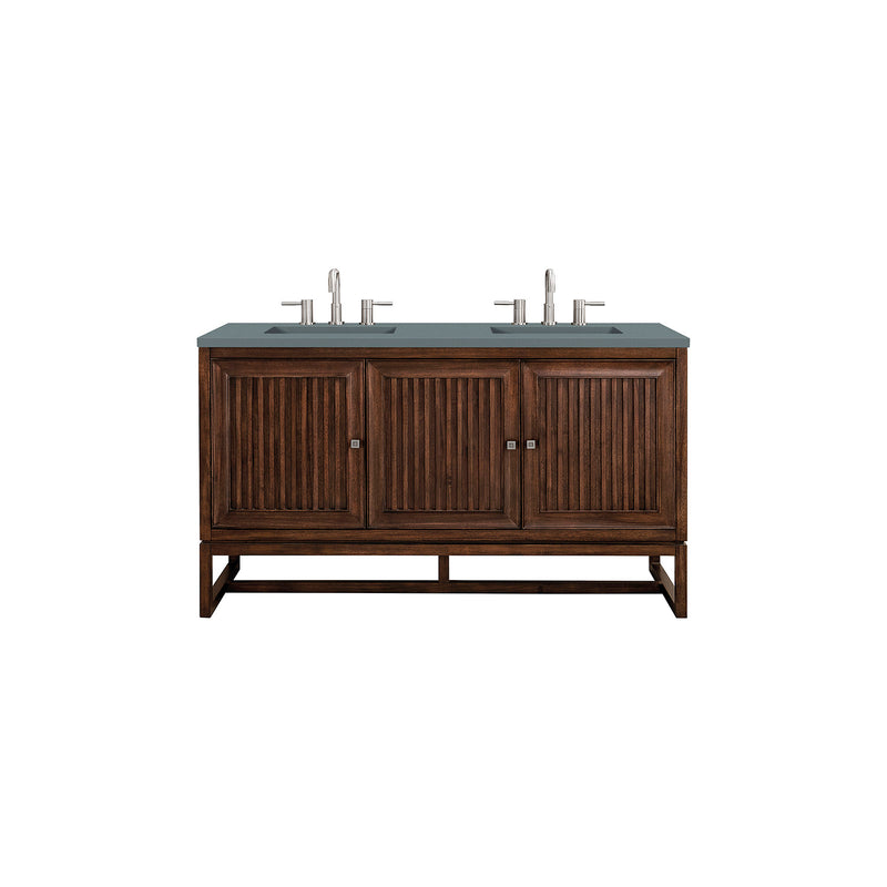 James Martin Athens 60" Double Vanity Cabinet Mid Century Acacia with 3 cm Cala Blue Top E645-V60D-MCA-3CBL