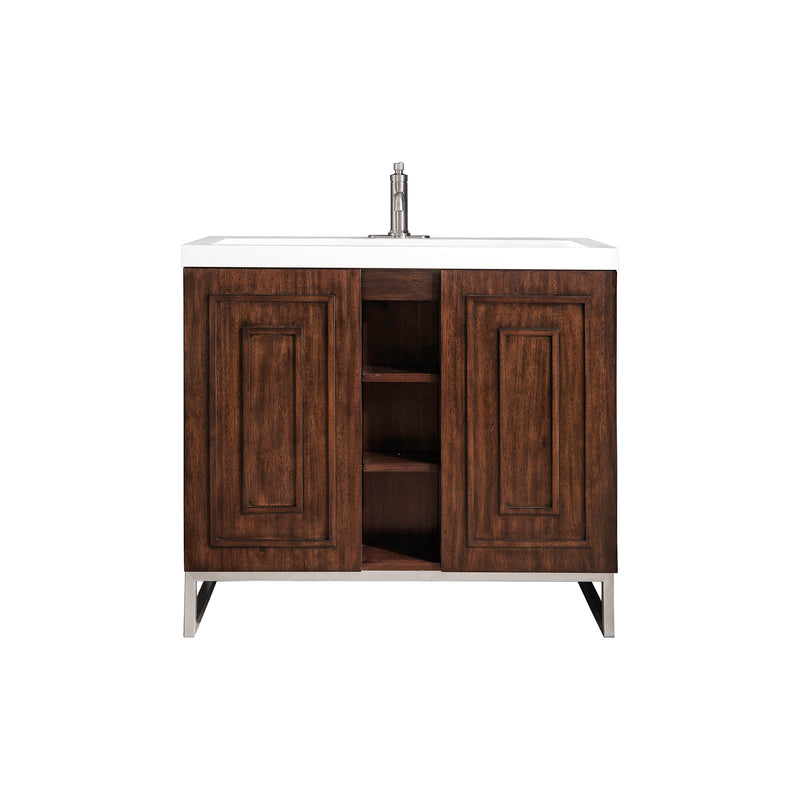 James Martin Alicante' 39.5" Single Vanity Cabinet Mid Century Acacia Brushed Nickel with White Glossy Resin Countertop E110-V39.5-MCA-BNK-WG