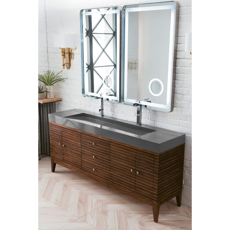 James Martin Linear 72" Double Vanity Mid Century Walnut with Dusk Gray Glossy Composite Top 210-V72D-WLT-DGG