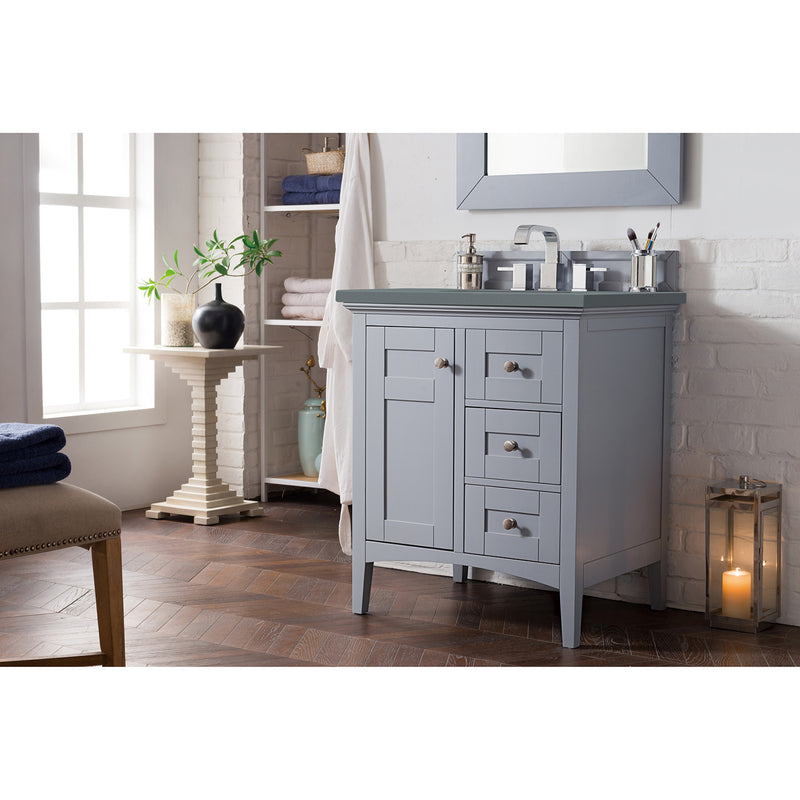 James Martin Palisades 30" Single Vanity Silver Gray with 3 cm Cala Blue Quartz Top 527-V30-SL-3CBL