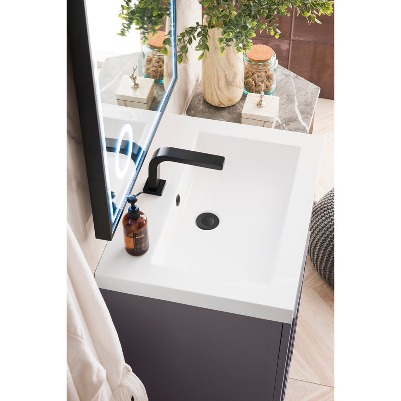 James Martin Alicante' 24" Single Vanity Cabinet Gray Smoke Matte Black with White Glossy Resin Countertop E110-V24-GSM-MBK-WG