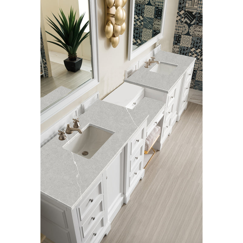 James Martin De Soto 118" Double Vanity Set Bright White with Makeup Table 3 cm Eternal Serena Quartz Top 825-V118-BW-DU-ESR