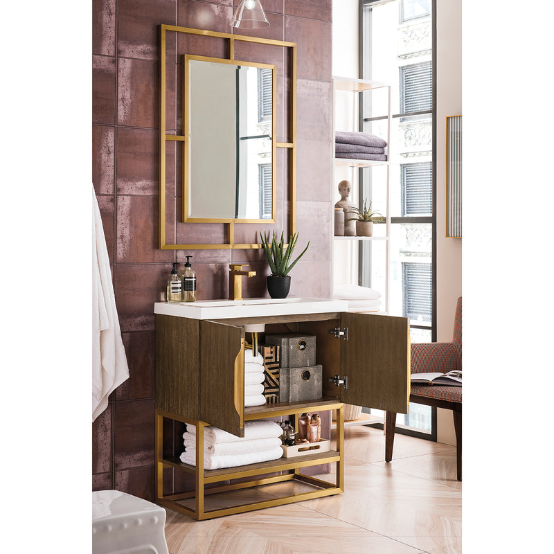 James Martin Columbia 31.5" Single Vanity Cabinet Latte Oak Radiant Gold with White Glossy Composite Countertop 388V31.5LTORGDWG