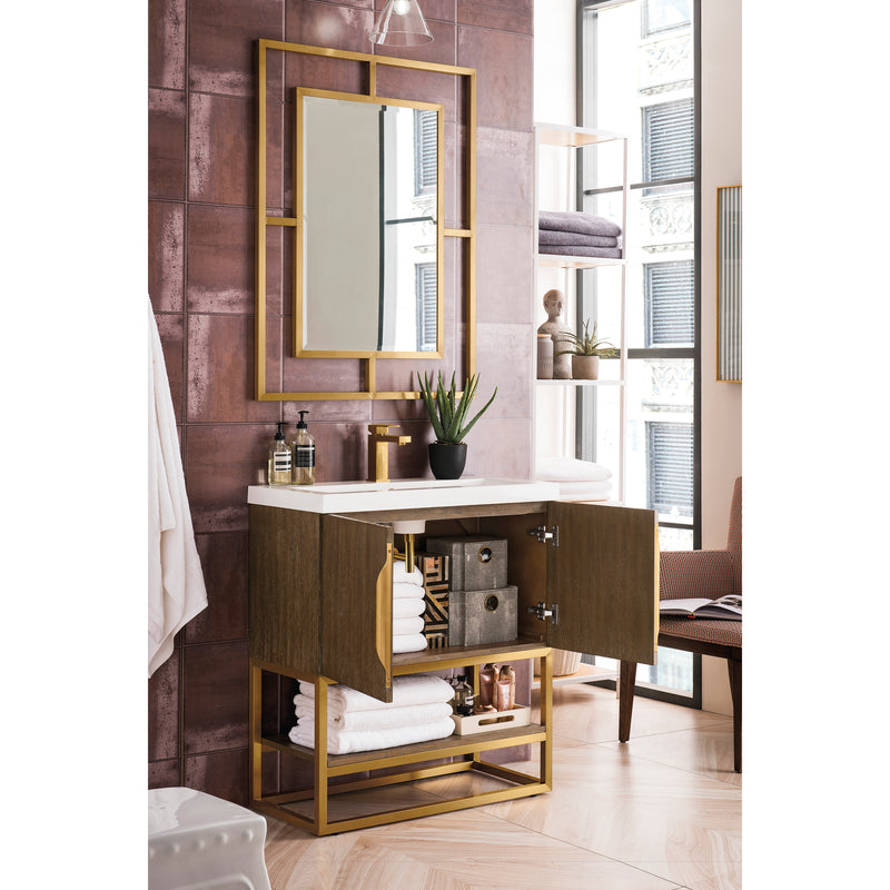 James Martin Columbia 31.5" Single Vanity Cabinet Latte Oak Radiant Gold with White Glossy Resin Countertop 388-V31.5-LTO-RGD-WG