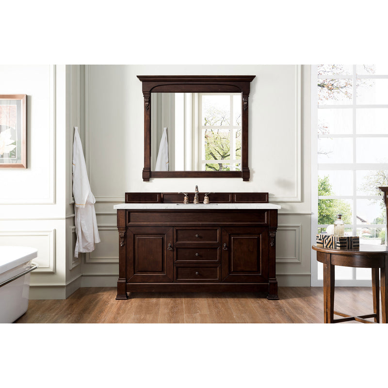 James Martin Brookfield 60" Burnished Mahogany Single Vanity with 3 cm Eternal Jasmine Pearl Quartz Top 147-114-5361-3EJP