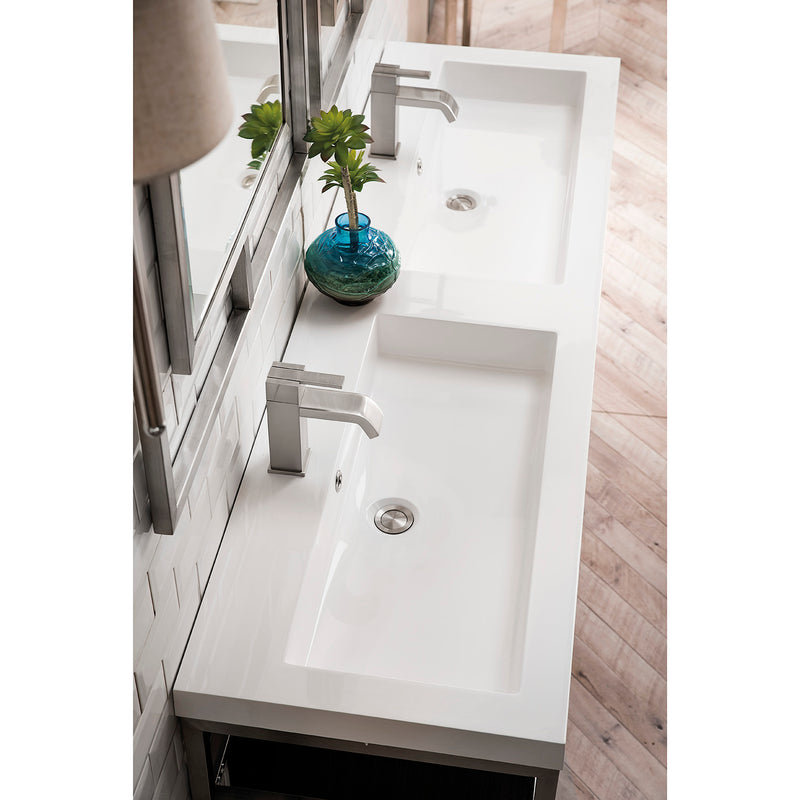 James Martin Boston 63" Stainless Steel Sink Console Double Basins Brushed Nickel with Glossy White Storage Cabinet White Glossy Composite Countertop C105V63BNKSCGWWG