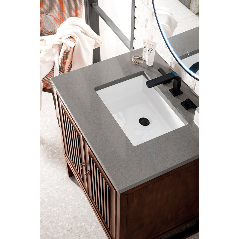 James Martin Athens 30" Single Vanity Cabinet Mid Century Acacia with 3 cm Gray Expo Quartz Top E645-V30-MCA-3GEX