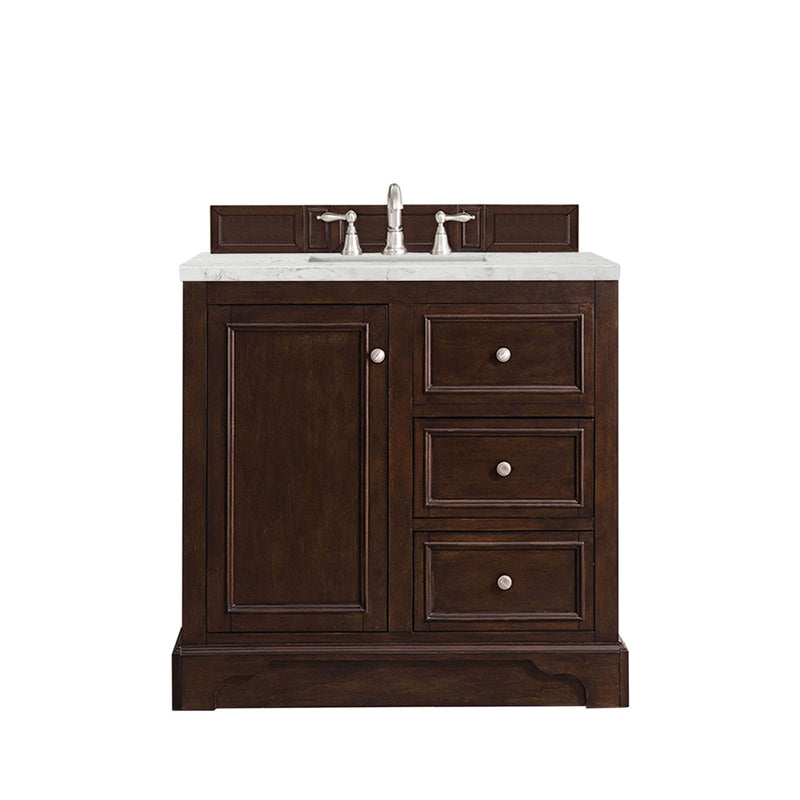 James Martin De Soto 36" Single Vanity Burnished Mahogany with 3 cm Eternal Jasmine Pearl Quartz Top 825-V36-BNM-3EJP