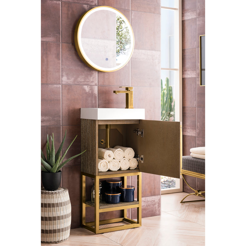 James Martin Columbia 16" Single Vanity Cabinet Latte Oak Radiant Gold with White Glossy Resin Countertop 388-V16-LTO-RGD-WG