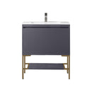 James Martin Milan 31.5" Single Vanity Cabinet Modern Grey Glossy Radiant Gold with Glossy White Composite Top 801V31.5MGGRGDGW