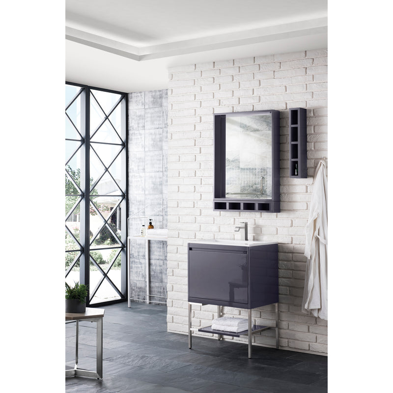 James Martin Milan 23.6" Single Vanity Cabinet Modern Gray Glossy Brushed Nickel with Glossy White Composite Top 801V23.6MGGBNKGW