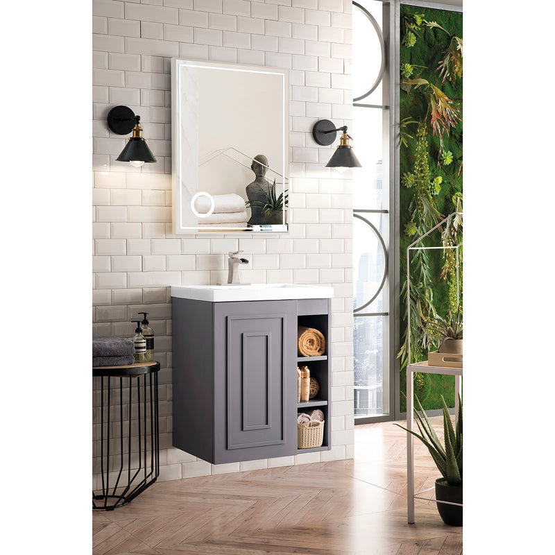 James Martin Alicante' 24" Single Vanity Cabinet Gray Smoke with White Glossy Composite Countertop E110V24GSMWG