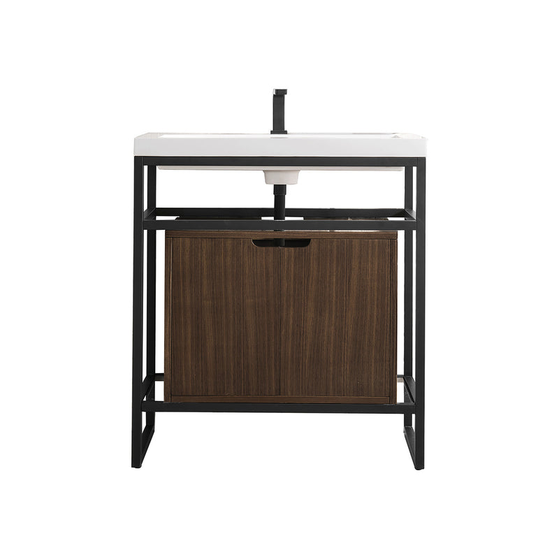 James Martin Boston 31.5" Stainless Steel Sink Console Matte Black with Mid Century Walnut Storage Cabinet White Glossy Composite Countertop C105V31.5MBKSCWLTWG