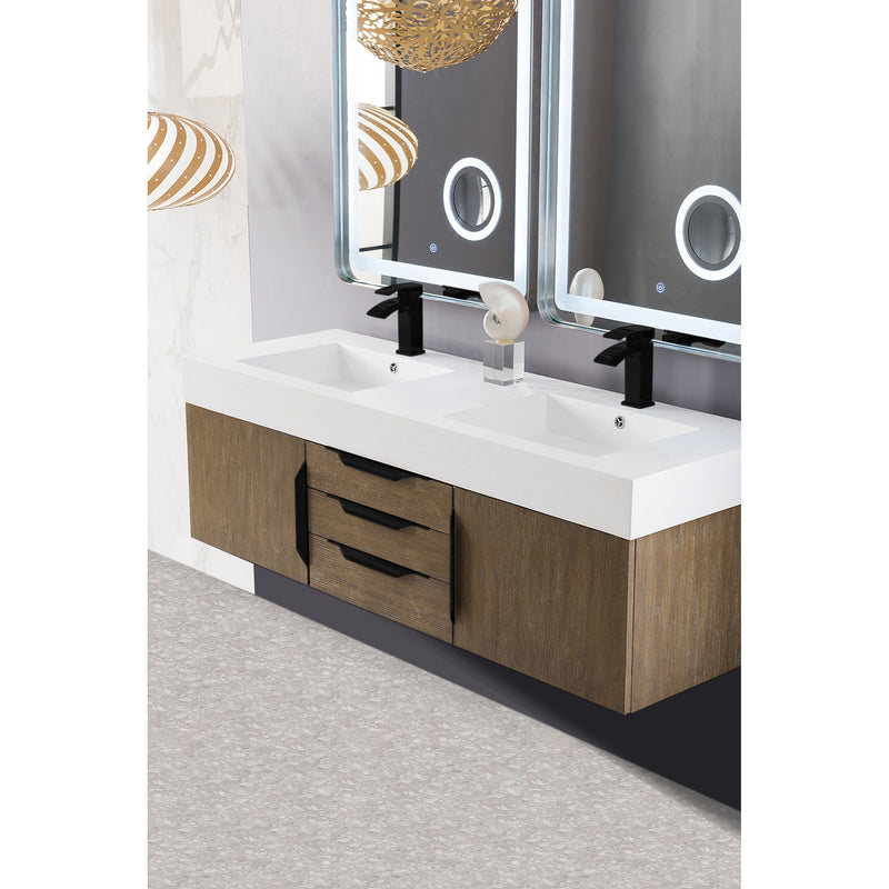 James Martin Mercer Island 59" Double Vanity Latte Oak Matte Black with Glossy White Composite Top 389-V59D-LTO-MB-GW