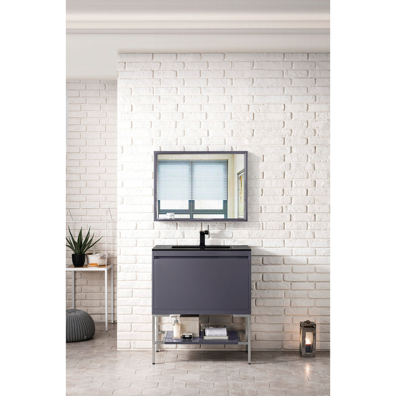 James Martin Milan 31.5" Single Vanity Cabinet Modern Gray Glossy Brushed Nickel with Charcoal Black Composite Top 801V31.5MGGBNKCHB