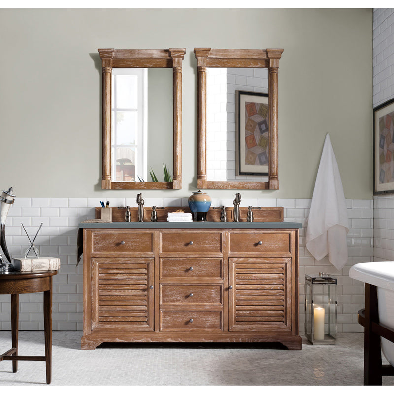 James Martin Savannah 60" Double Vanity Cabinet Driftwood with 3 cm Cala Blue Quartz Top 238-104-5611-3CBL