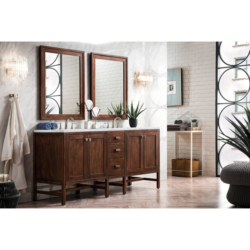 James Martin Addison 72" Double Vanity Cabinet Mid Century Acacia with 3 cm Carrara White Top E444-V72-MCA-3CAR