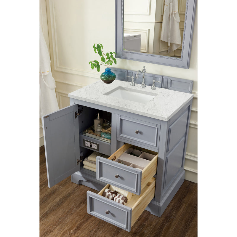 James Martin De Soto 36" Single Vanity Silver Gray with 3 cm Eternal Jasmine Pearl Quartz Top 825-V36-SL-3EJP