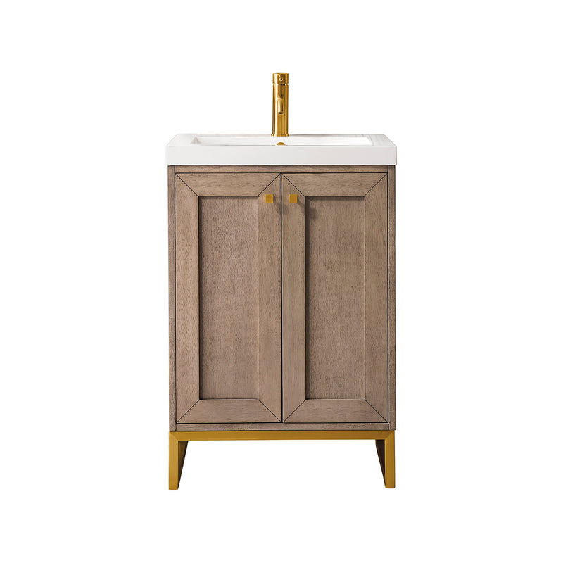 James Martin Chianti 20" Single Vanity Cabinet Whitewashed Walnut Radiant Gold with White Glossy Composite Countertop E303V20WWRGDWG