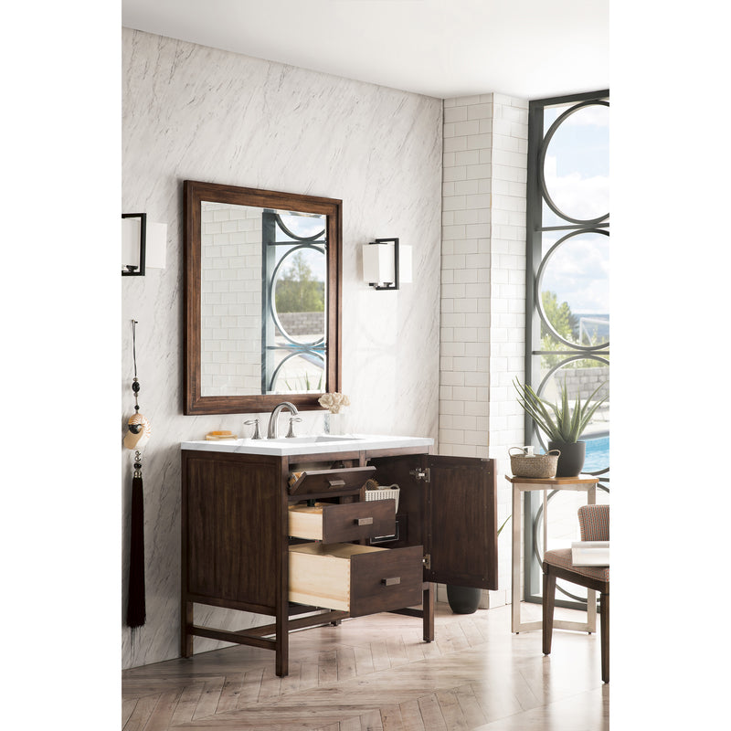 James Martin Addison 36" Single Vanity Cabinet Mid Century Acacia with 3 cm Carrara White Top E444-V36-MCA-3CAR