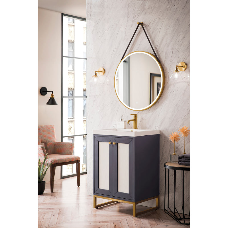 James Martin Chianti 24" Single Vanity Cabinet Mineral Gray Radiant Gold with White Glossy Resin Countertop E303-V24-MG-RGD-WG