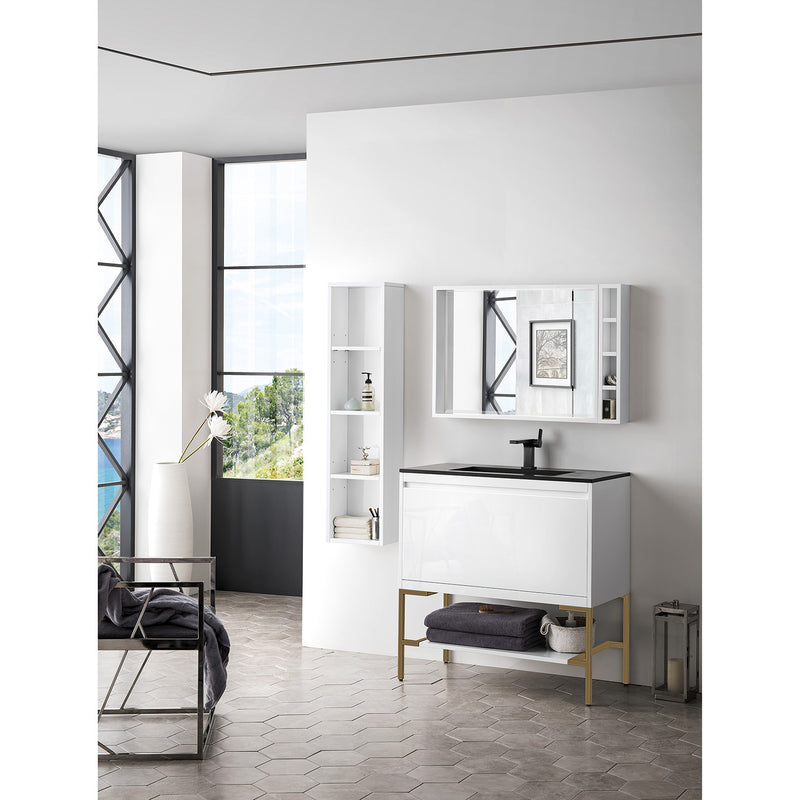 James Martin Milan 35.4" Single Vanity Cabinet Glossy White Radiant Gold with Charcoal Black Composite Top 801V35.4GWRGDCHB