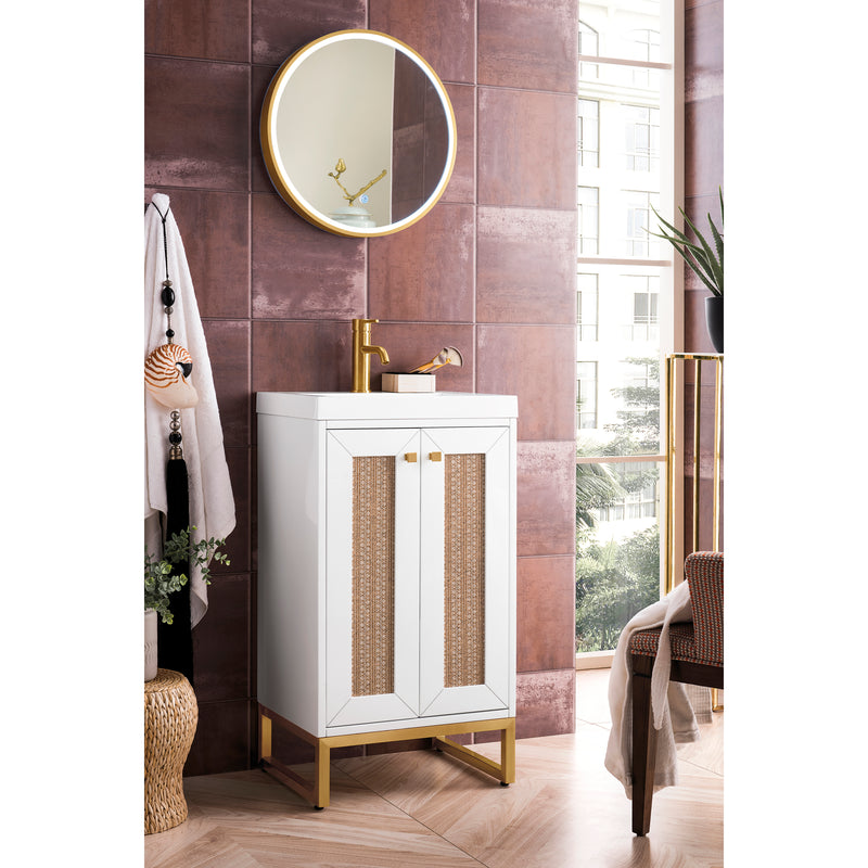 James Martin Chianti 20" Single Vanity Cabinet Glossy White Radiant Gold with White Glossy Resin Countertop E303-V20-GW-RGD-WG