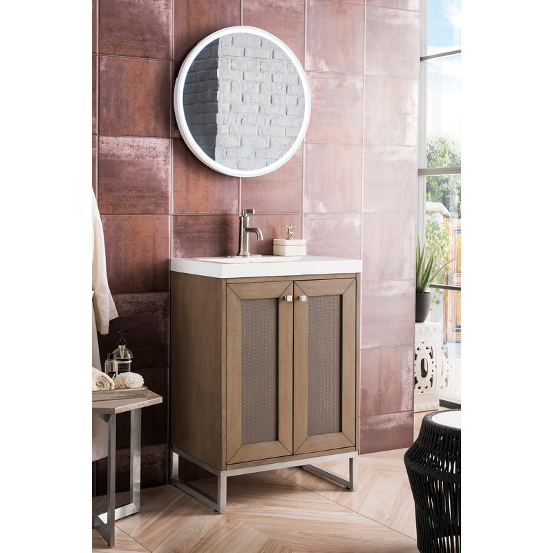 James Martin Chianti 24" Single Vanity Cabinet Whitewashed Walnut Brushed Nickel with White Glossy Resin Countertop E303-V24-WW-BNK-WG