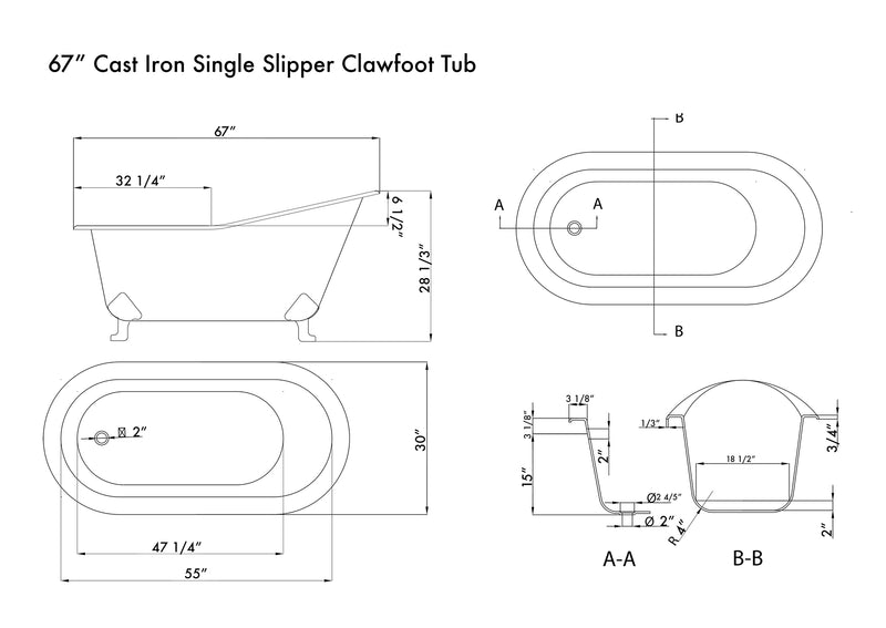 Cambridge Plumbing Cast Iron Slipper Clawfoot Tub 67" x 30" No Faucet Drillings PC Feet