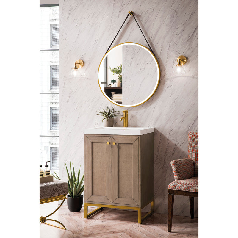 James Martin Chianti 20" Single Vanity Cabinet Whitewashed Walnut Radiant Gold with White Glossy Resin Countertop E303-V20-WW-RGD-WG