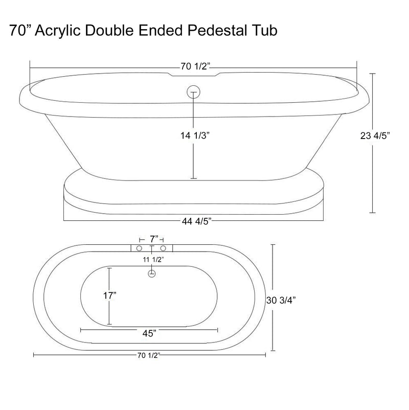 Cambridge Plumbing Acrylic Double Ended Pedestal Bathtub 70" x 30" 7" Drillings CR Package