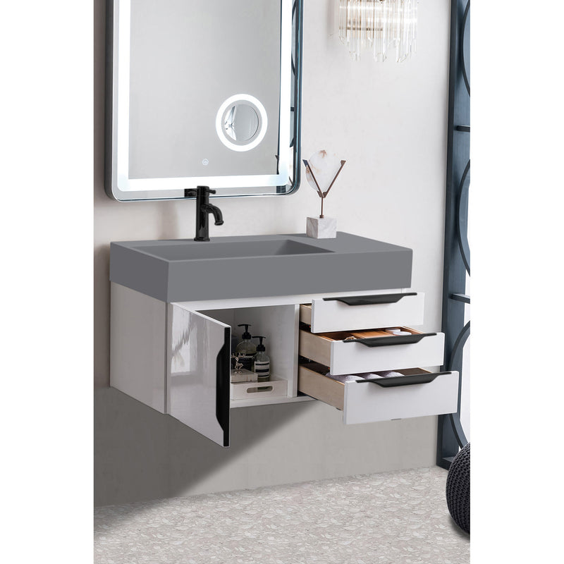 James Martin Mercer Island 36" Single Vanity Glossy White Matte Black with Dusk Gray Glossy Composite Top 389-V36-GW-MB-DGG