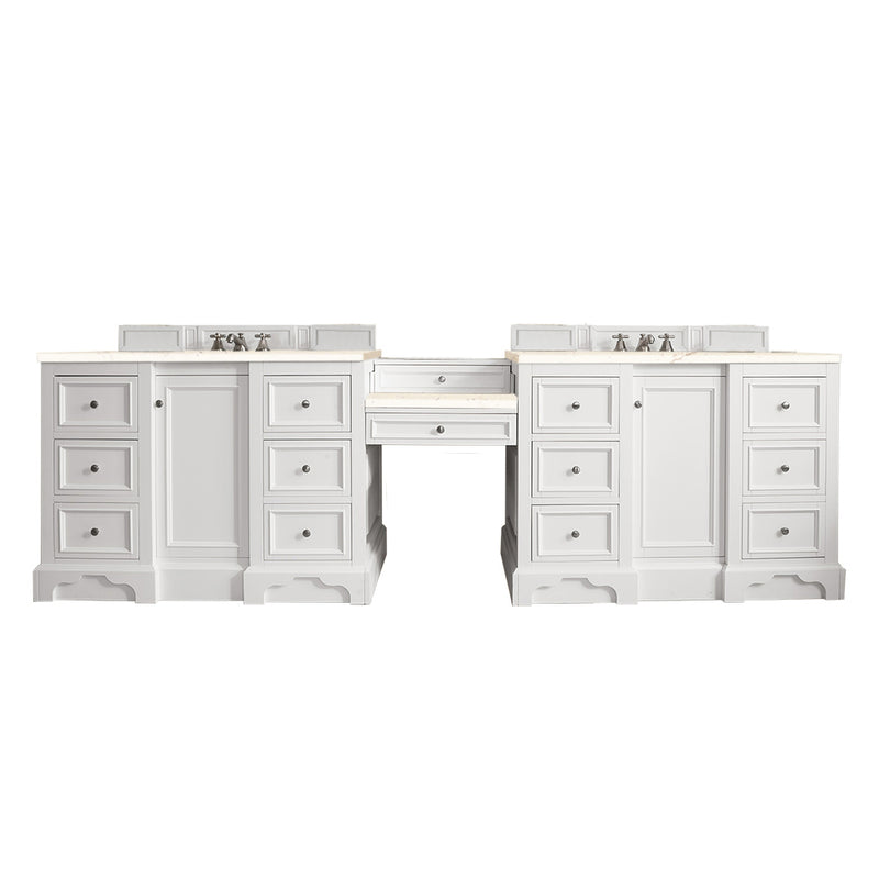 James Martin De Soto 118" Double Vanity Set Bright White with Makeup Table 3 cm Eternal Marfil Quartz Top 825-V118-BW-DU-EMR