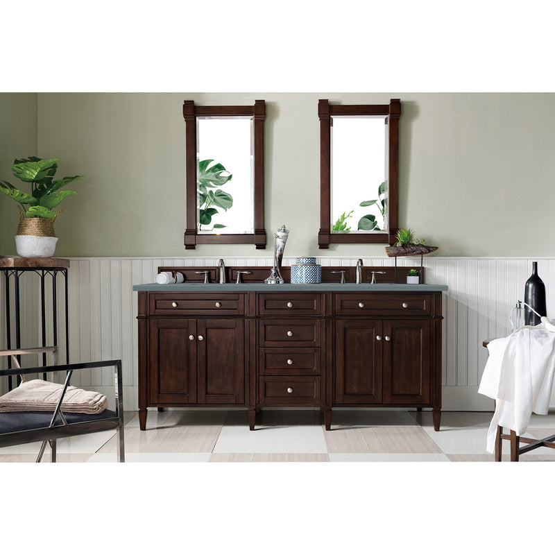 James Martin Brittany 72" Burnished Mahogany Double Vanity with 3 cm Cala Blue Quartz Top 650-V72-BNM-3CBL