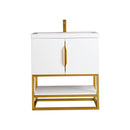 James Martin Columbia 31.5" Single Vanity Cabinet Glossy White Radiant Gold with White Glossy Resin Countertop 388-V31.5-GW-RGD-WG